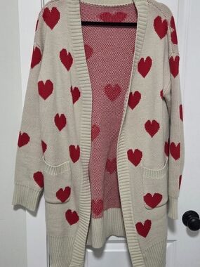 Women's Cream Cardigan Sweater with Red Heart Pattern